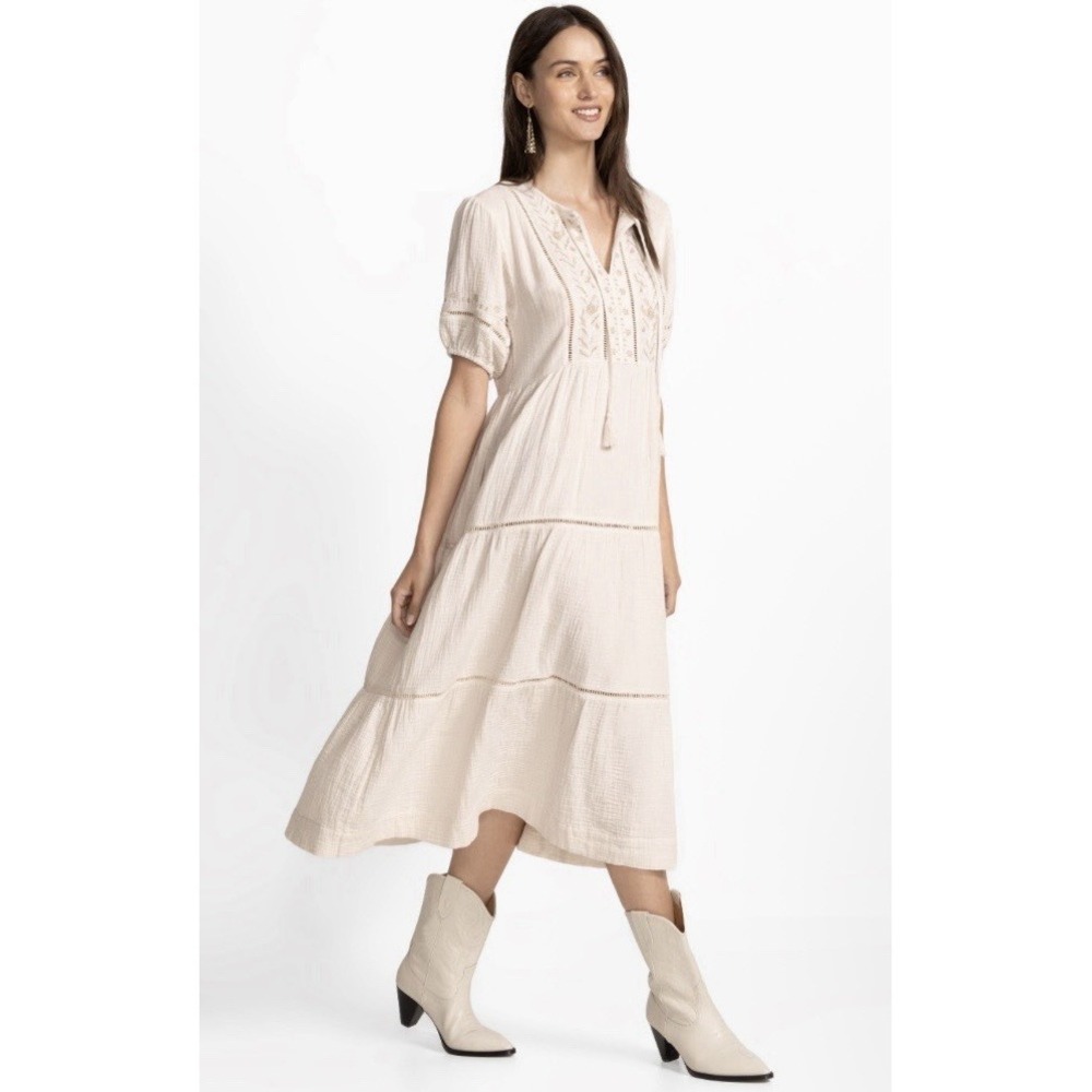 Johnny Was Calme Puff Sleeve Tie Neck Midi Dress Sz L  Boho Prairie Chic $275